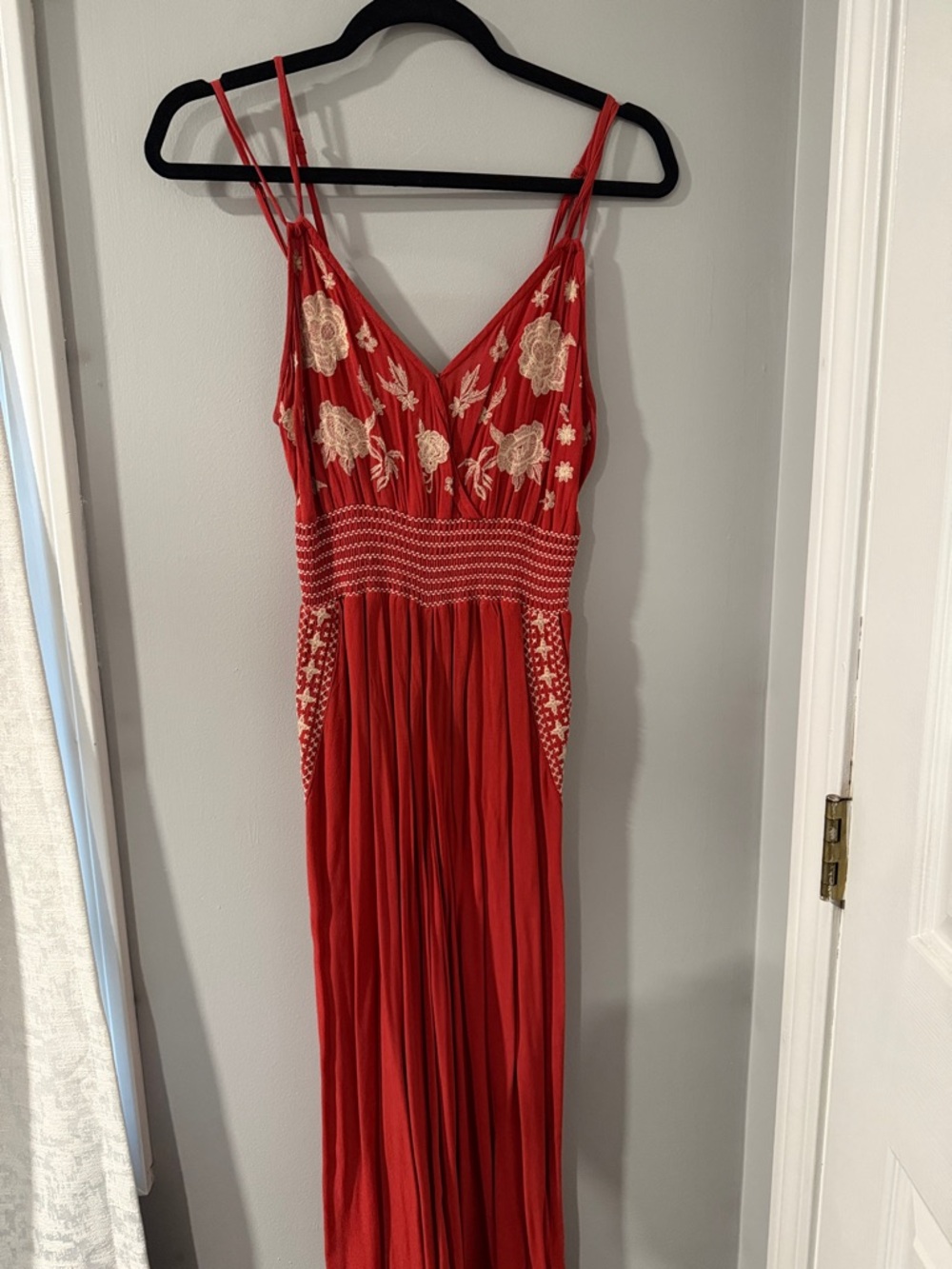 Red Embroidered V-Neck Maxi Dress